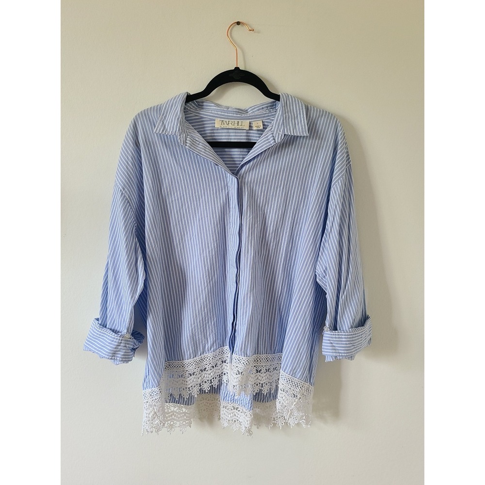Twrhll Christie Brinkley Blue White Striped Button-Down Top Lace Size L Cotton